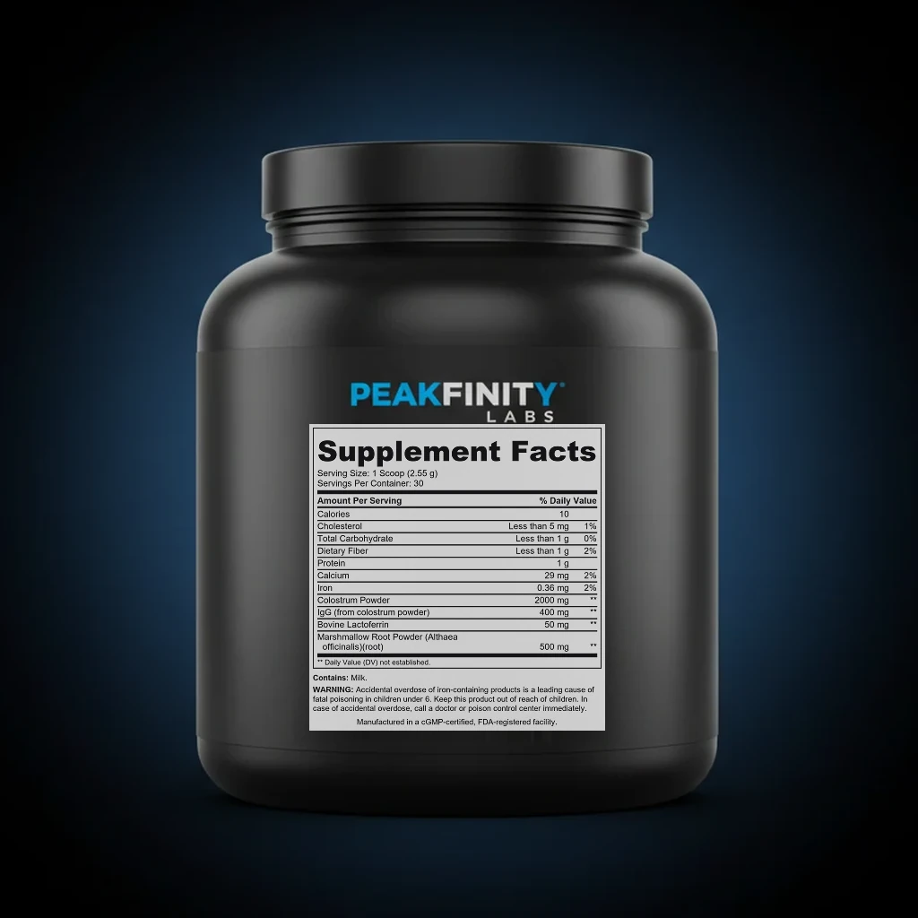 Colostrum Plus Powder back label and ingredient panel