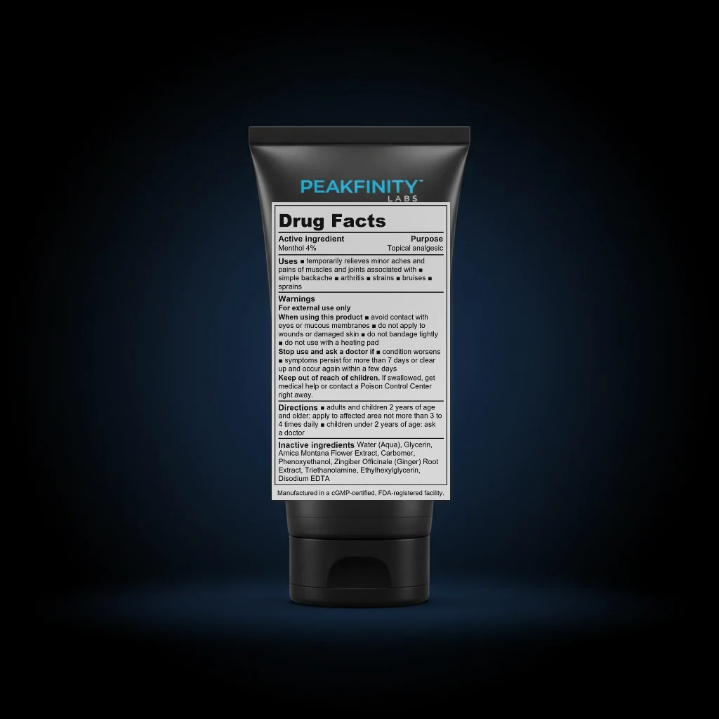 Cooling Menthol & Arnica Muscle Gel back label and ingredient panel
