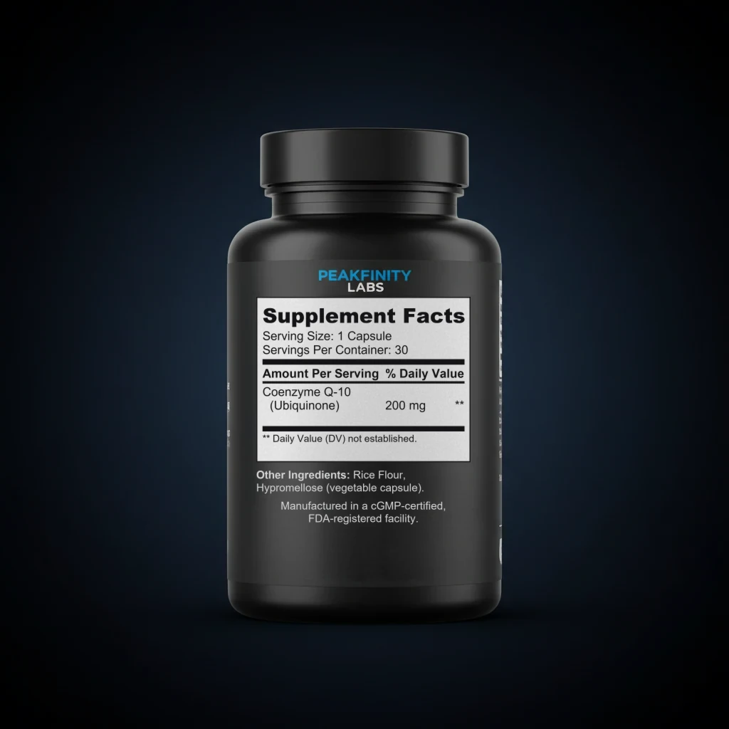 CoQ10 (Ubiquinone) back label and ingredient panel