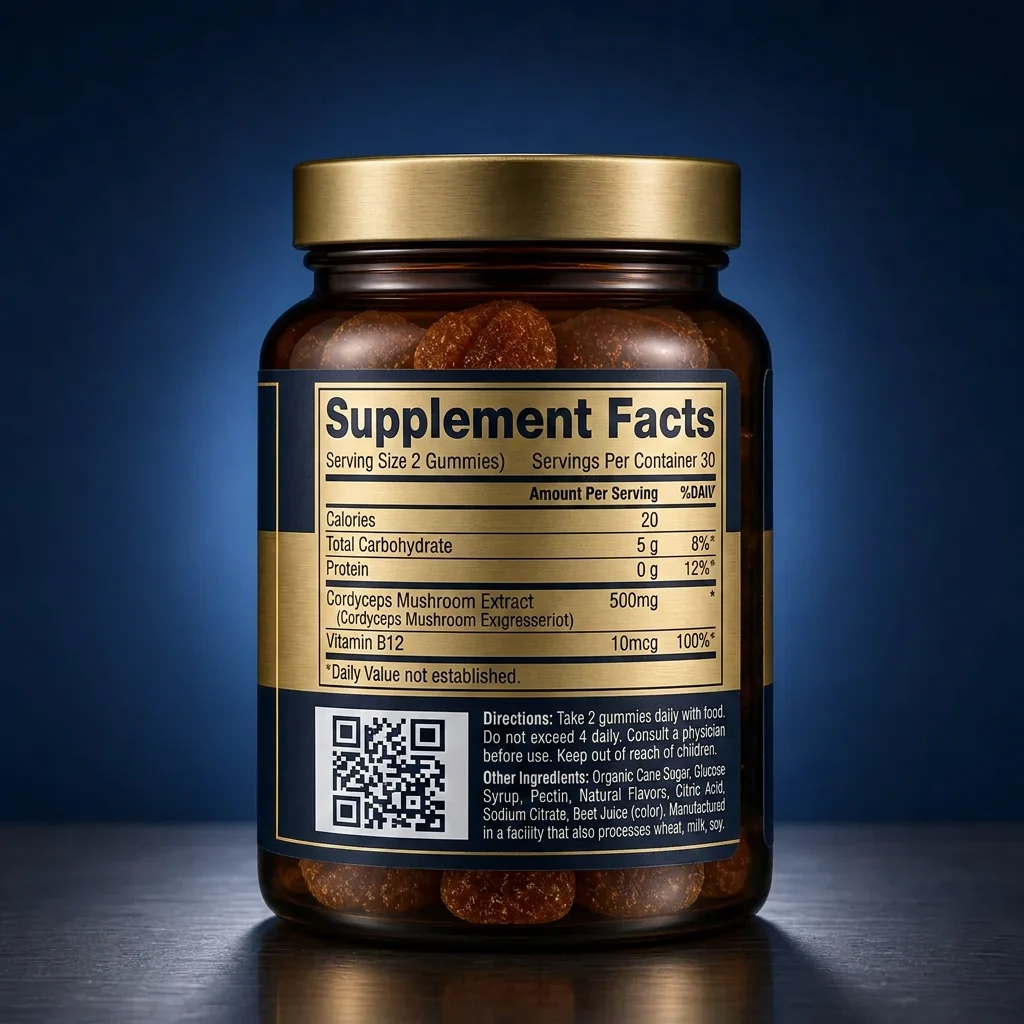 Cordyceps Vitality & Energy Support Pectin Gummies — representative back label artwork (Supplement Facts panel)