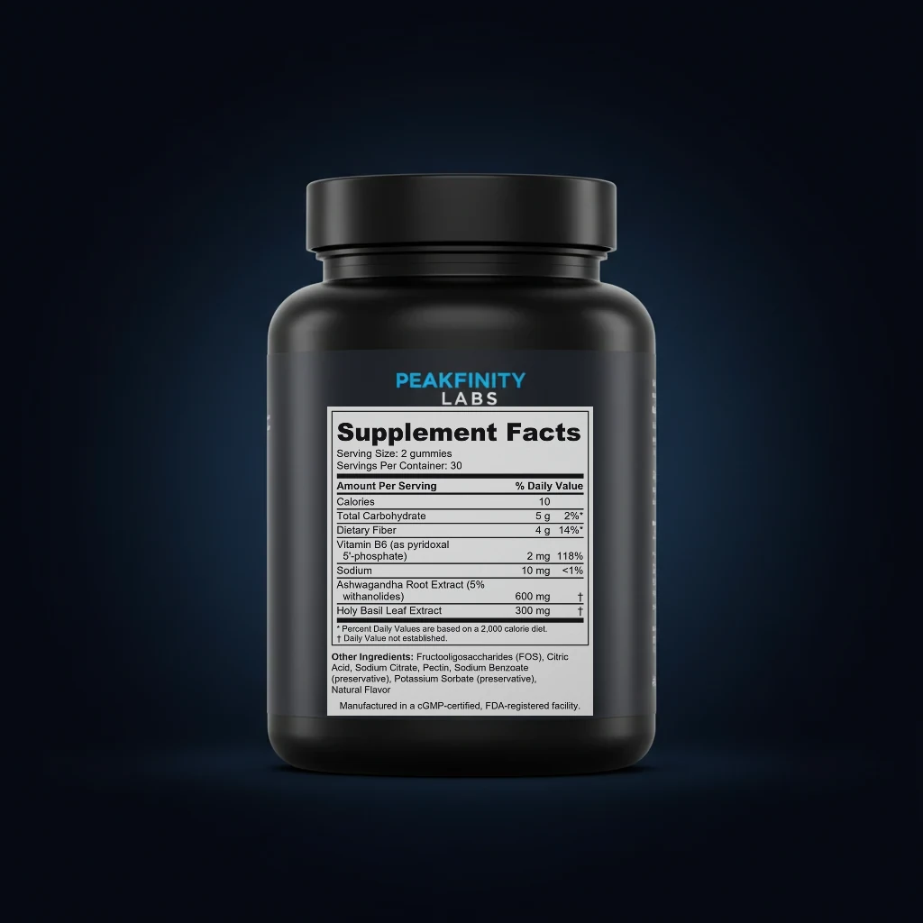 Cortisol Balance Gummies with Ashwagandha & Holy Basil back label and ingredient panel