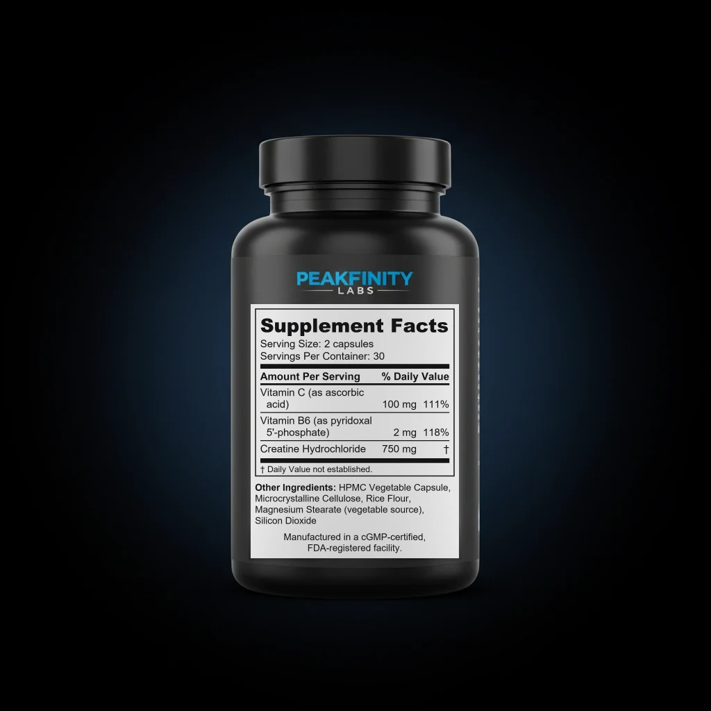 Creatine HCl 750mg Capsules back label and ingredient panel