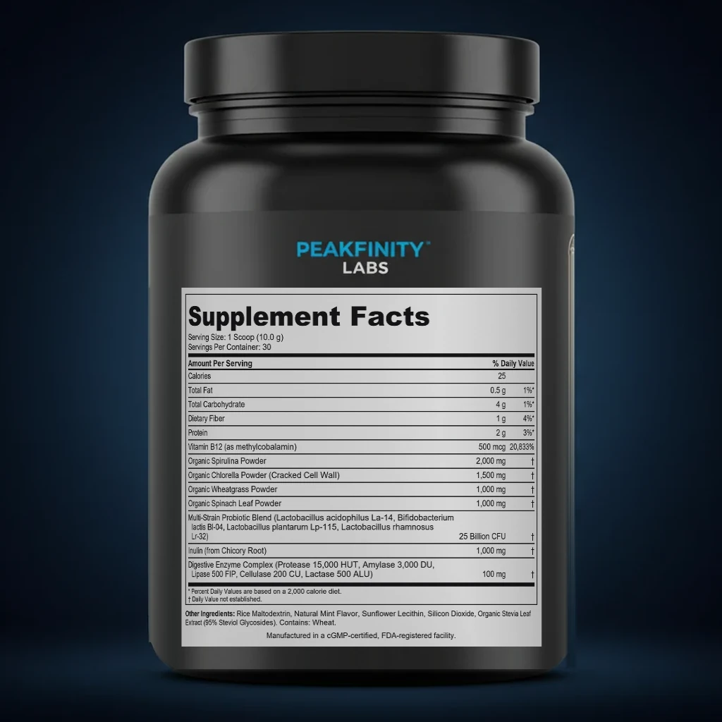 Daily Greens Superfood Powder with Probiotics - Mint back label and ingredient panel