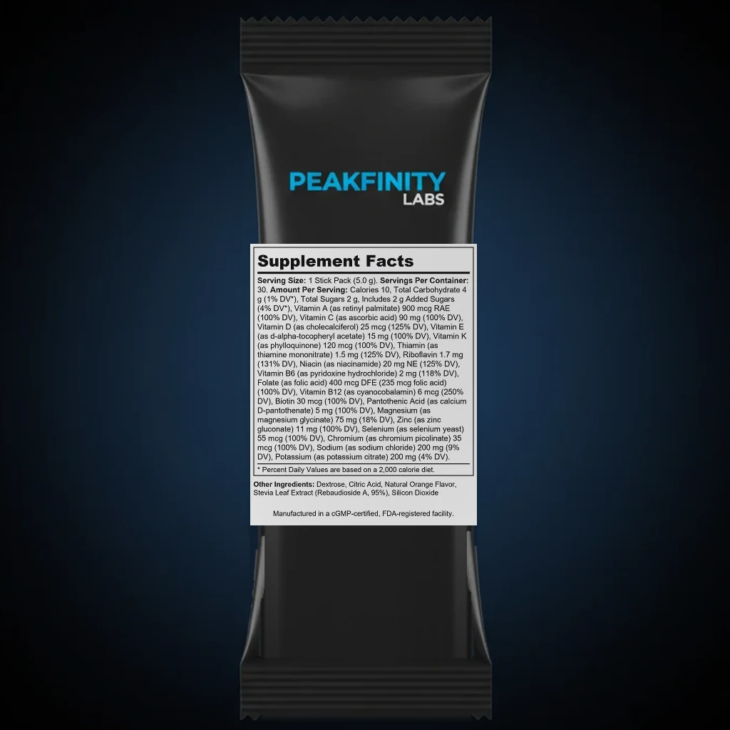 Daily Multivitamin Powder Sticks with Electrolytes - Orange back label and ingredient panel