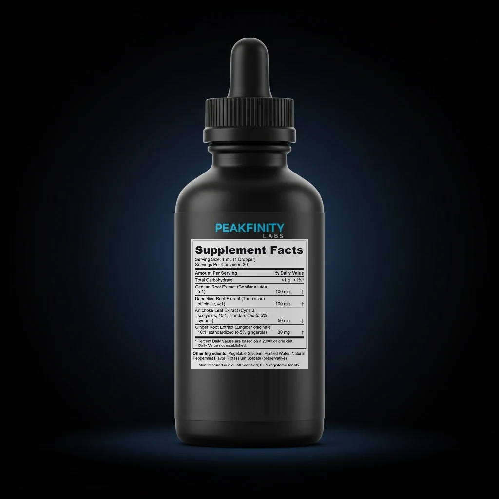 Digestive Bitters Liquid Drops with Gentian & Dandelion back label and ingredient panel