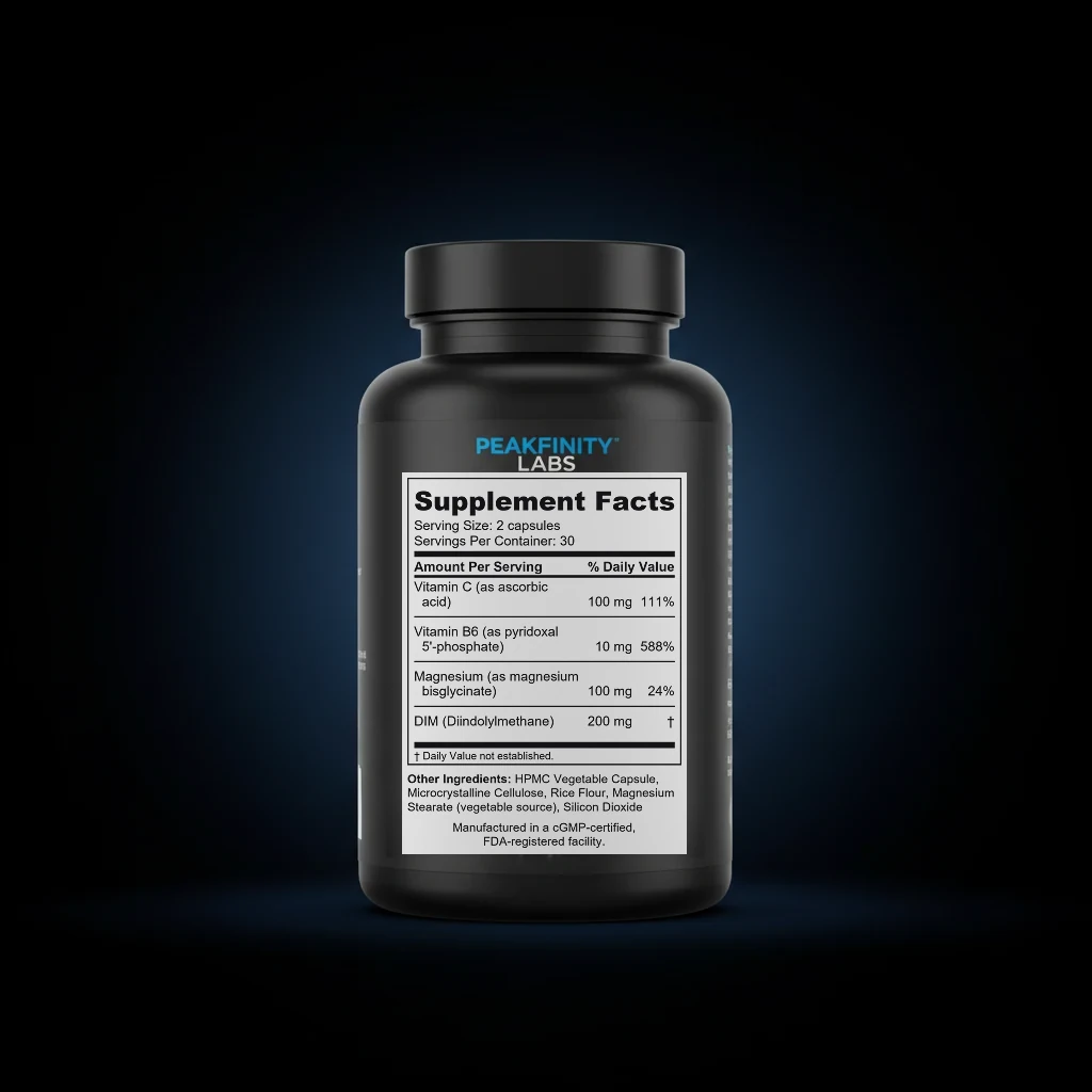 DIM 200mg Estrogen Metabolism Capsules back label and ingredient panel
