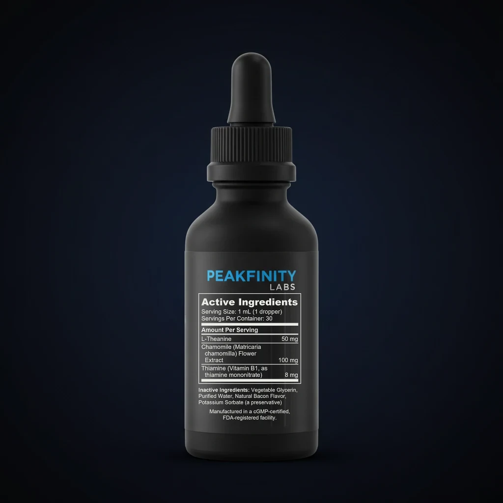 Dog Calming Liquid Drops with Chamomile & L-Theanine back label and ingredient panel