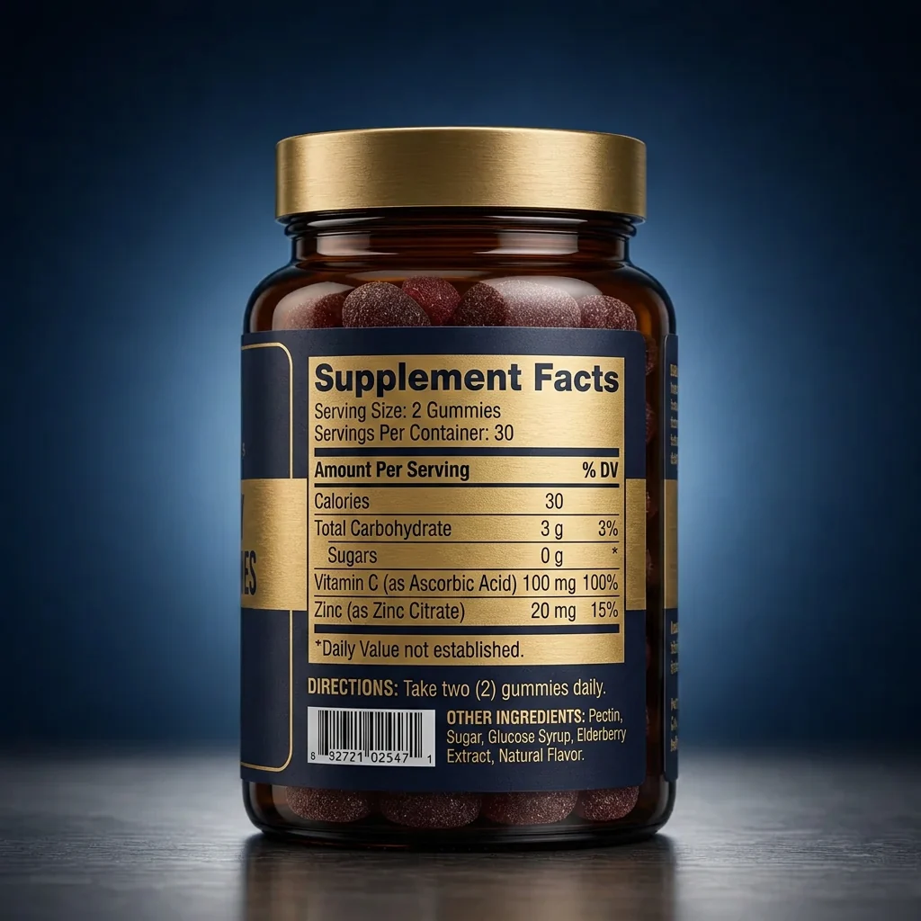 Elderberry Immune Support Gummies with Vitamin C & Zinc — representative back label artwork (Supplement Facts panel)