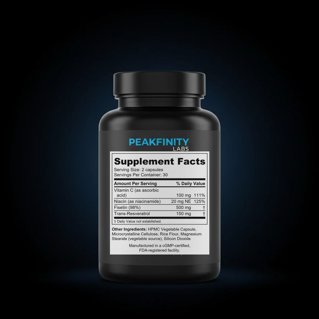 Fisetin 500mg Senolytic Capsules back label and ingredient panel