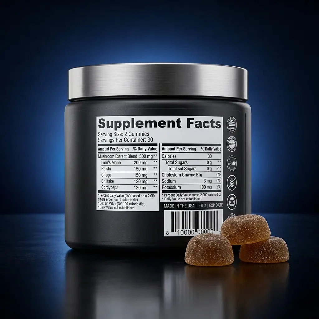 Five Mushroom Complex Immune & Brain Support Gummies — representative back label artwork (Supplement Facts panel)