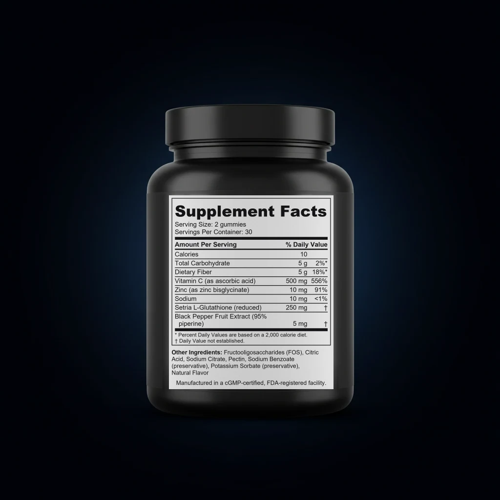 Glow Antioxidant Gummies with Glutathione & Vitamin C back label and ingredient panel
