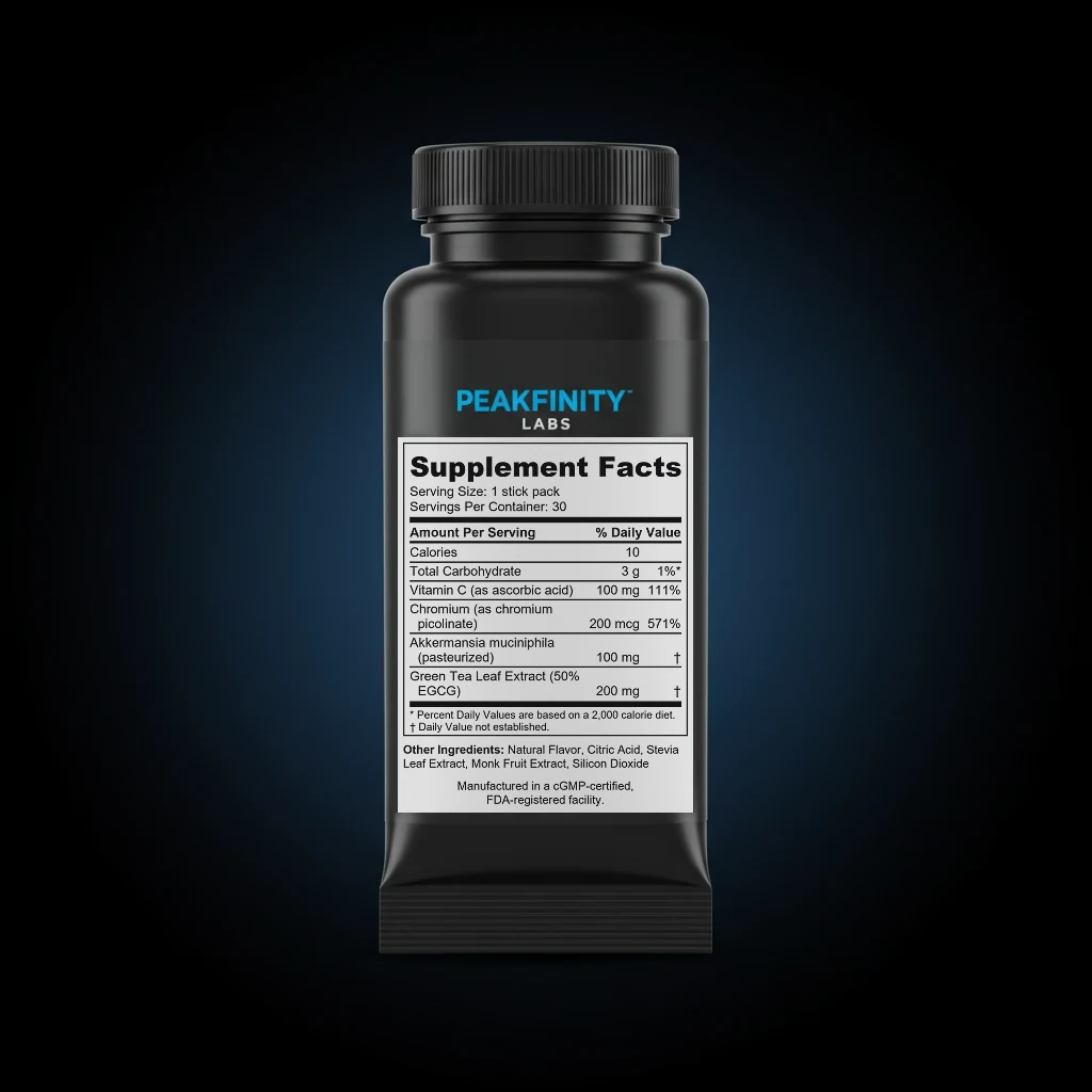 Metabolic Support Powder Sticks with Akkermansia & Fiber back label and ingredient panel