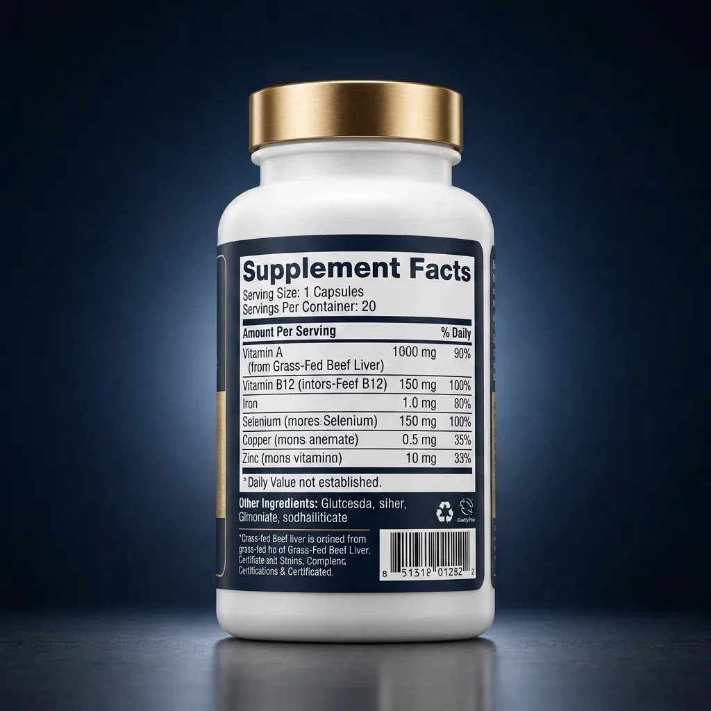 Grass-Fed Beef Liver Multivitamin with Zinc & Selenium — representative back label artwork (Supplement Facts panel)
