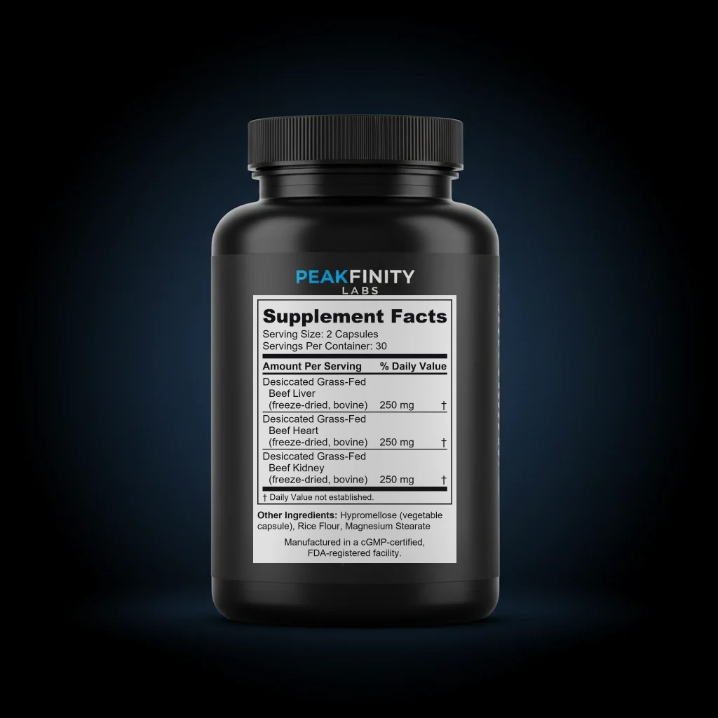 Grass-Fed Beef Organ Complex Capsules with Liver, Heart & Kidney back label and ingredient panel