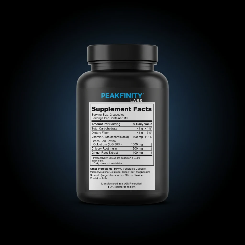 Grass-Fed Bovine Colostrum Capsules 1000mg back label and ingredient panel