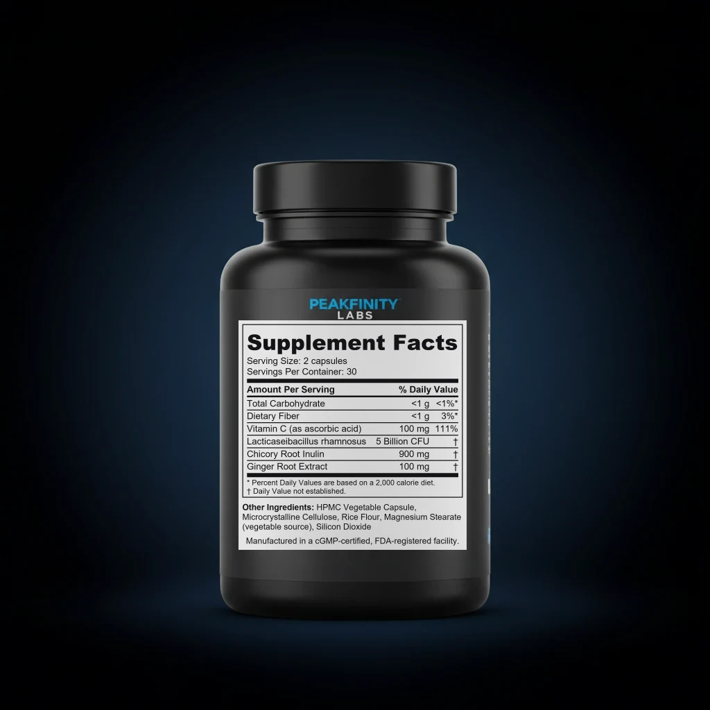 Gut-Brain Axis Psychobiotic Capsules with L. rhamnosus back label and ingredient panel