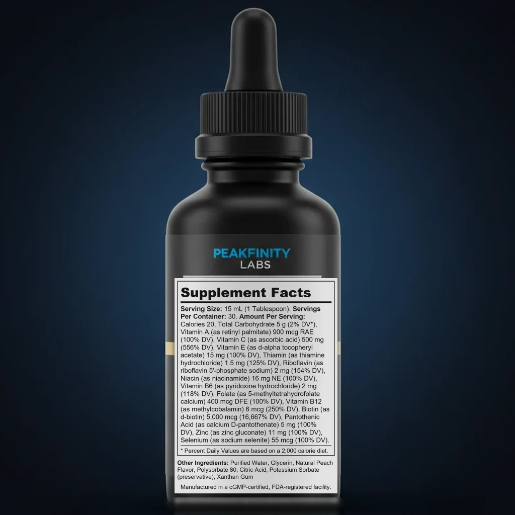 Hair, Skin & Nails Liquid Multivitamin - Peach back label and ingredient panel