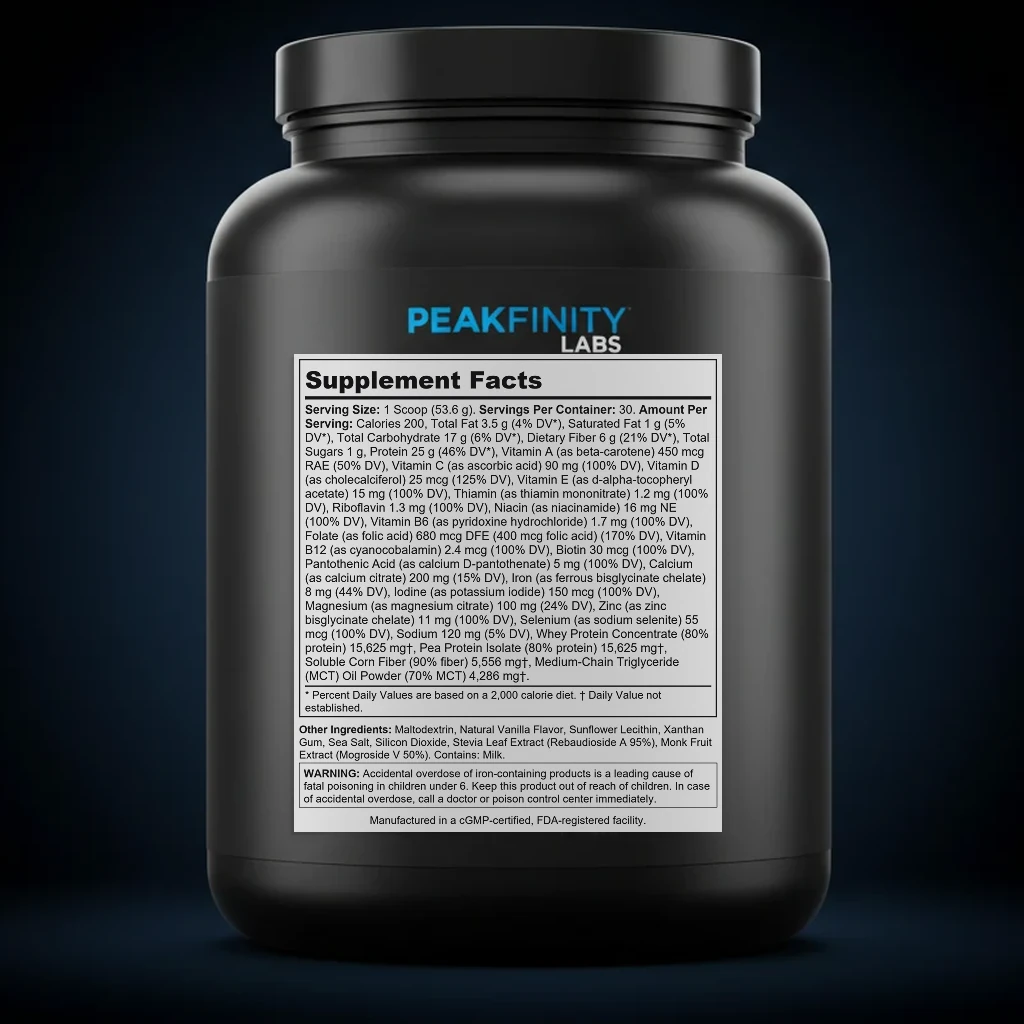 High-Protein Meal Replacement Shake Powder back label and ingredient panel