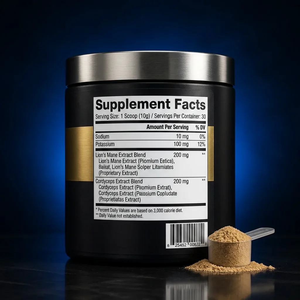 Hydration & Focus Support Powder with Lion's Mane & Cordyceps — representative back label artwork (Supplement Facts panel)
