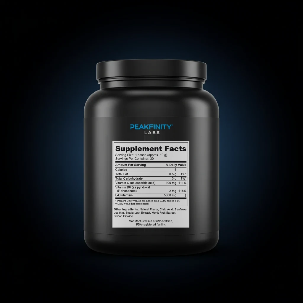 L-Glutamine 5000mg Recovery Powder back label and ingredient panel
