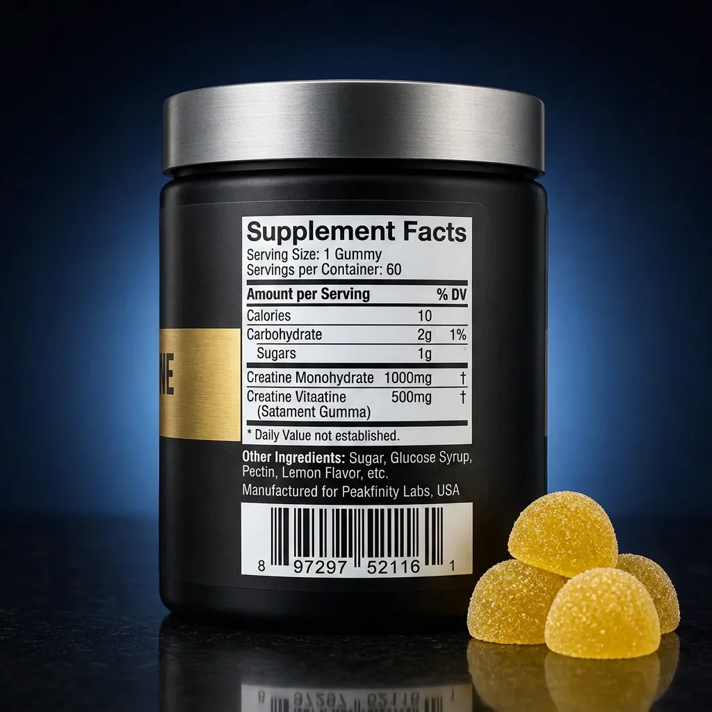 Performance-Grade Lemon Creatine Monohydrate Pectin Gummies — representative back label artwork (Supplement Facts panel)