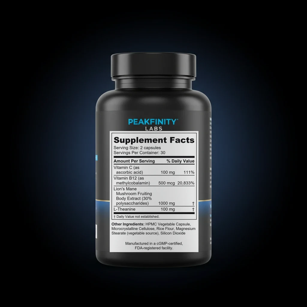 Lion's Mane 1000mg Cognitive Capsules back label and ingredient panel