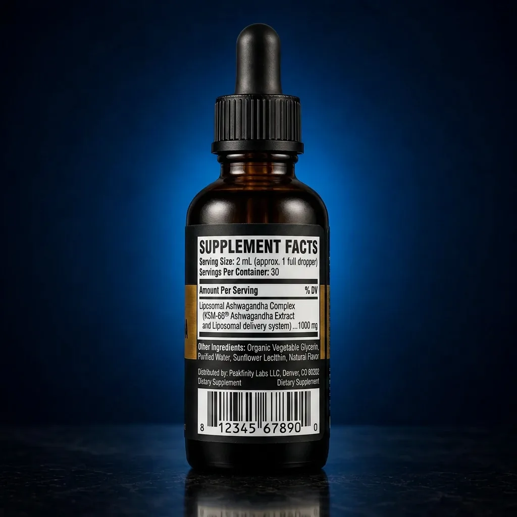 High-Potency Liposomal Ashwagandha Liquid Extract 1,000mg — representative back label artwork (Supplement Facts panel)
