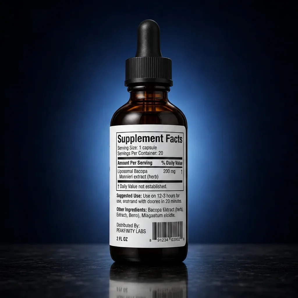 Liposomal Bacopa Monnieri 10:1 Extract Liquid for Memory & Focus — representative back label artwork (Supplement Facts panel)