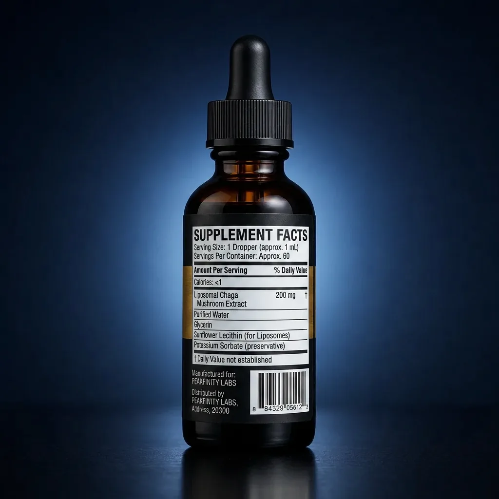 Liposomal Chaga Mushroom 10:1 Extract Liquid for Heart & Immunity — representative back label artwork (Supplement Facts panel)