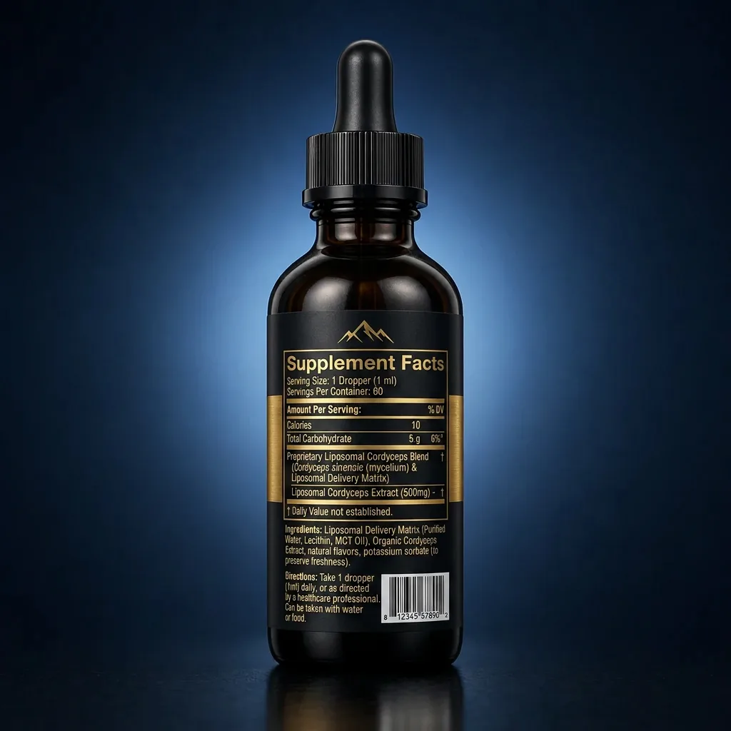 High-Potency Liposomal Cordyceps 10:1 Mushroom Extract Liquid — representative back label artwork (Supplement Facts panel)