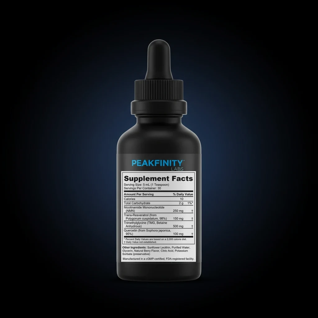 Liposomal NAD+ Precursor Liquid with NMN & Resveratrol back label and ingredient panel
