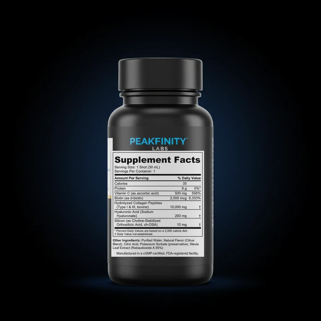 Liquid Collagen Shot with Hyaluronic Acid & Vitamin C back label and ingredient panel