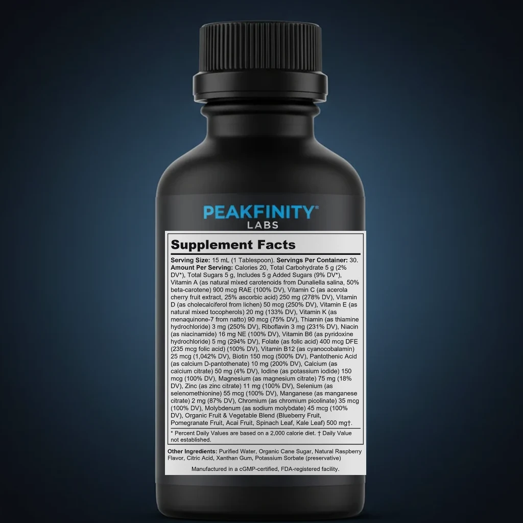 Liquid Daily Multivitamin for Adults - Raspberry back label and ingredient panel