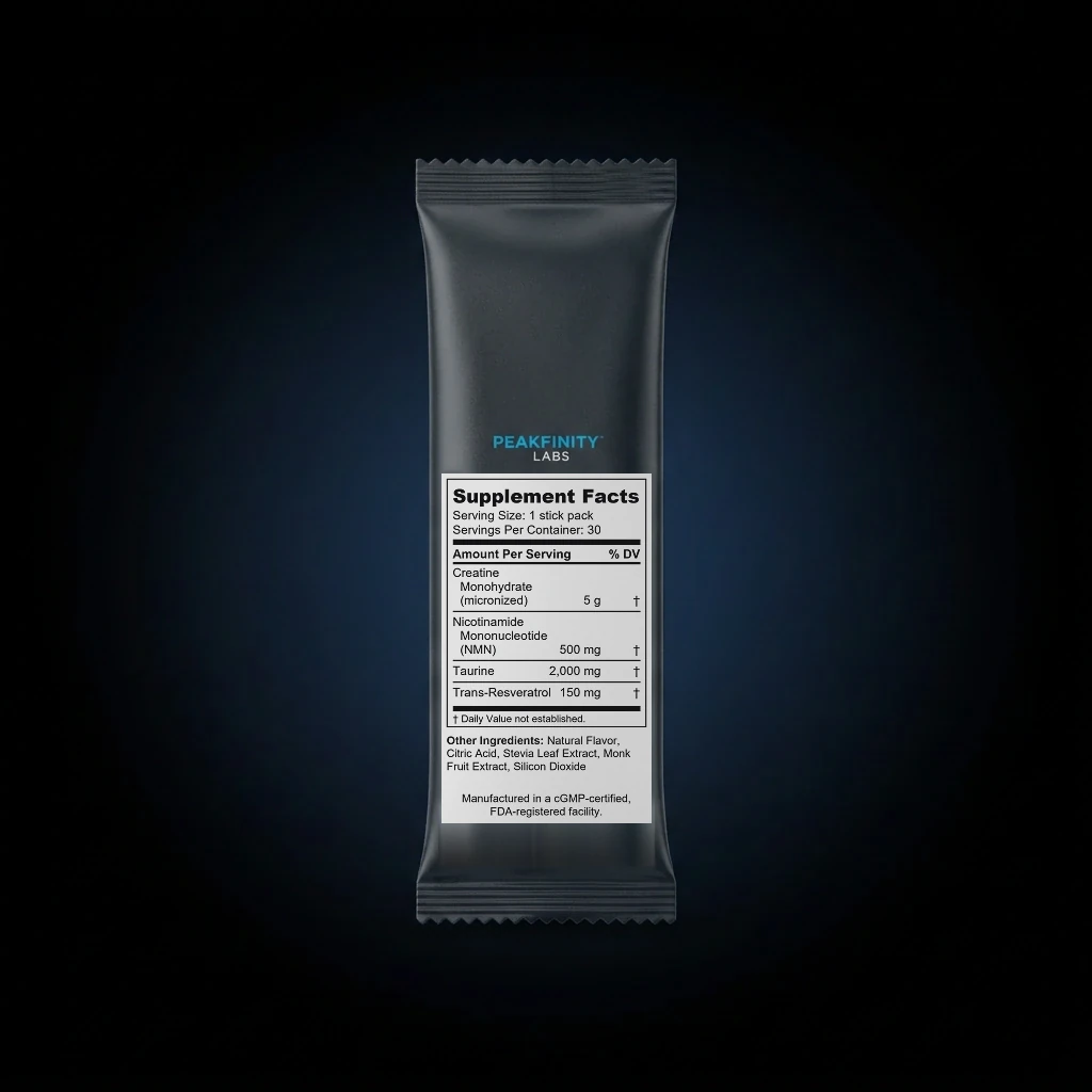 Longevity Daily Stick Packs with NMN, Creatine & Taurine back label and ingredient panel