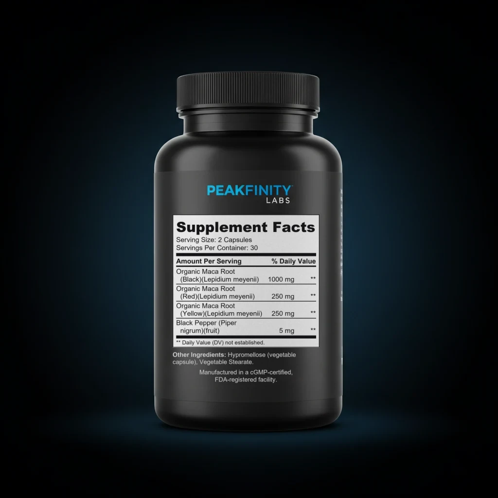 Maca Plus back label and ingredient panel