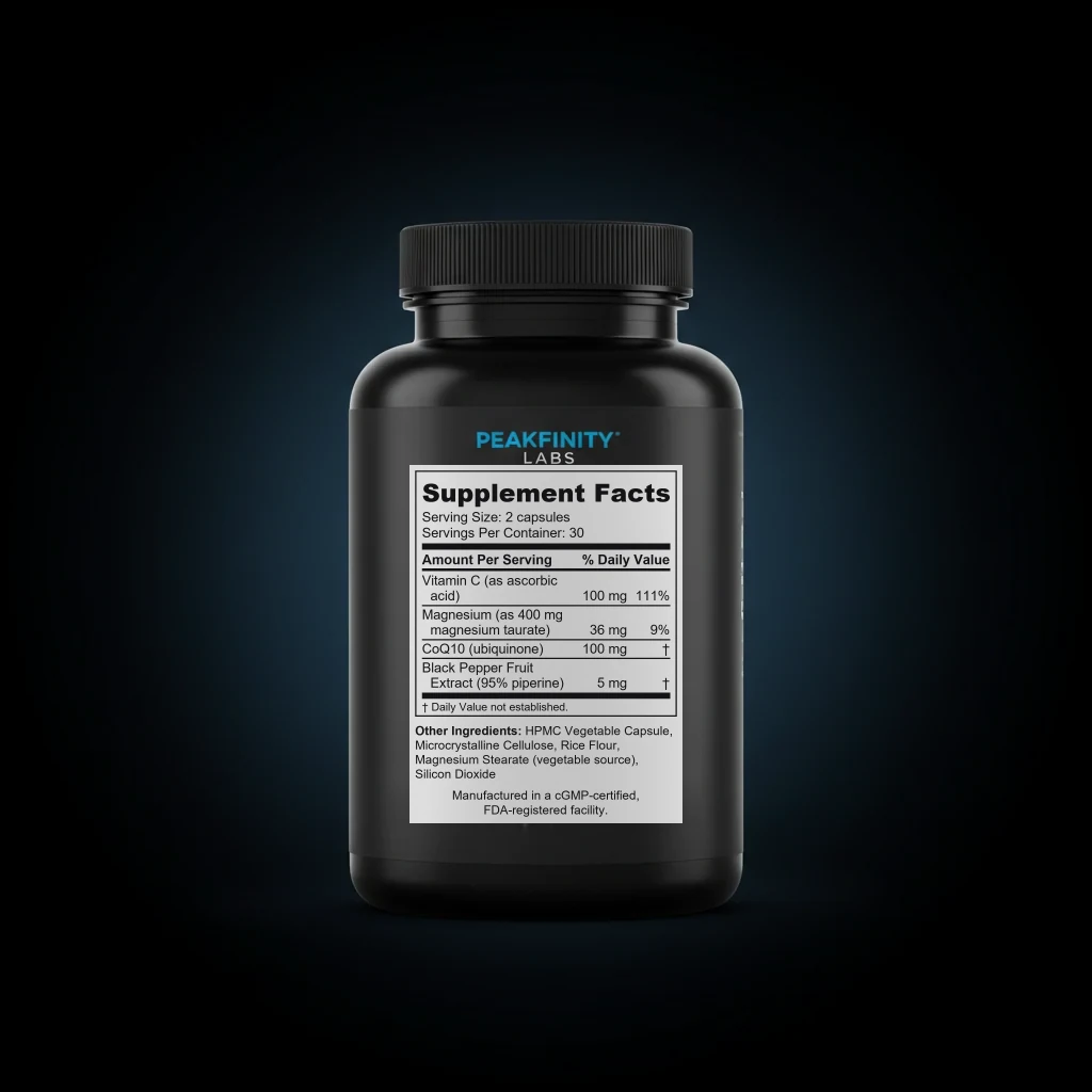 Magnesium Taurate 400mg Heart Health Capsules back label and ingredient panel