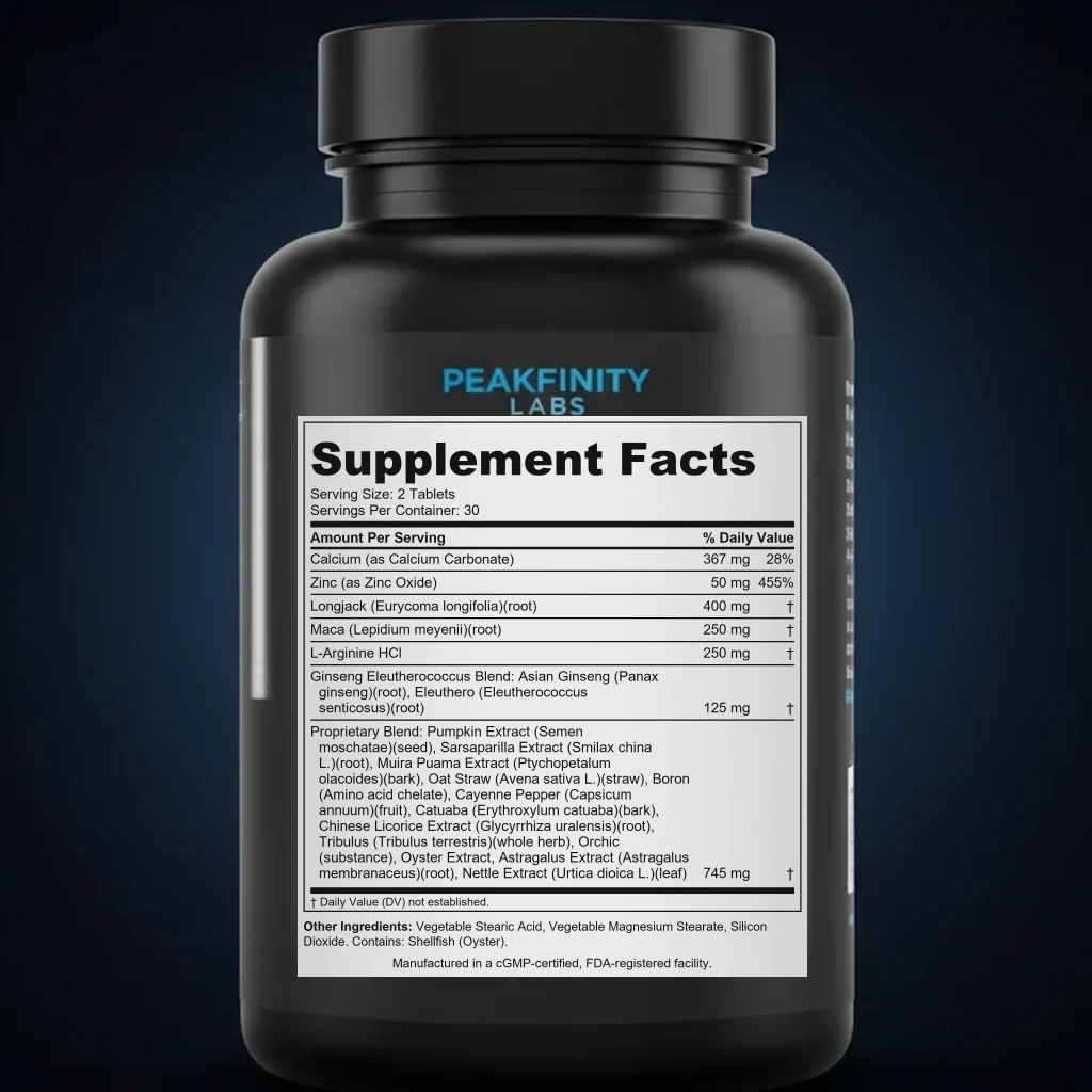 Male Enhancement back label and ingredient panel