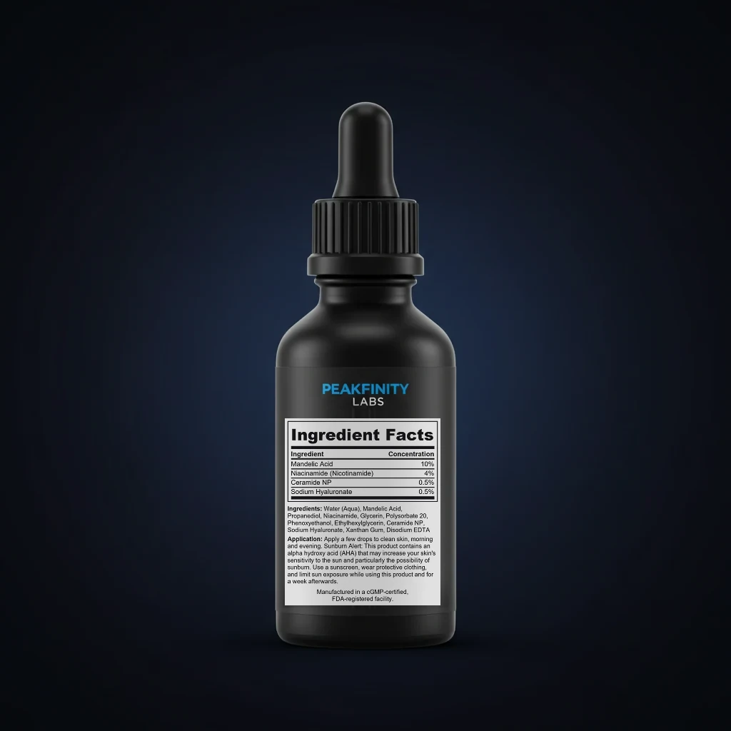 Mandelic Acid 10% Gentle Exfoliating Serum back label and ingredient panel