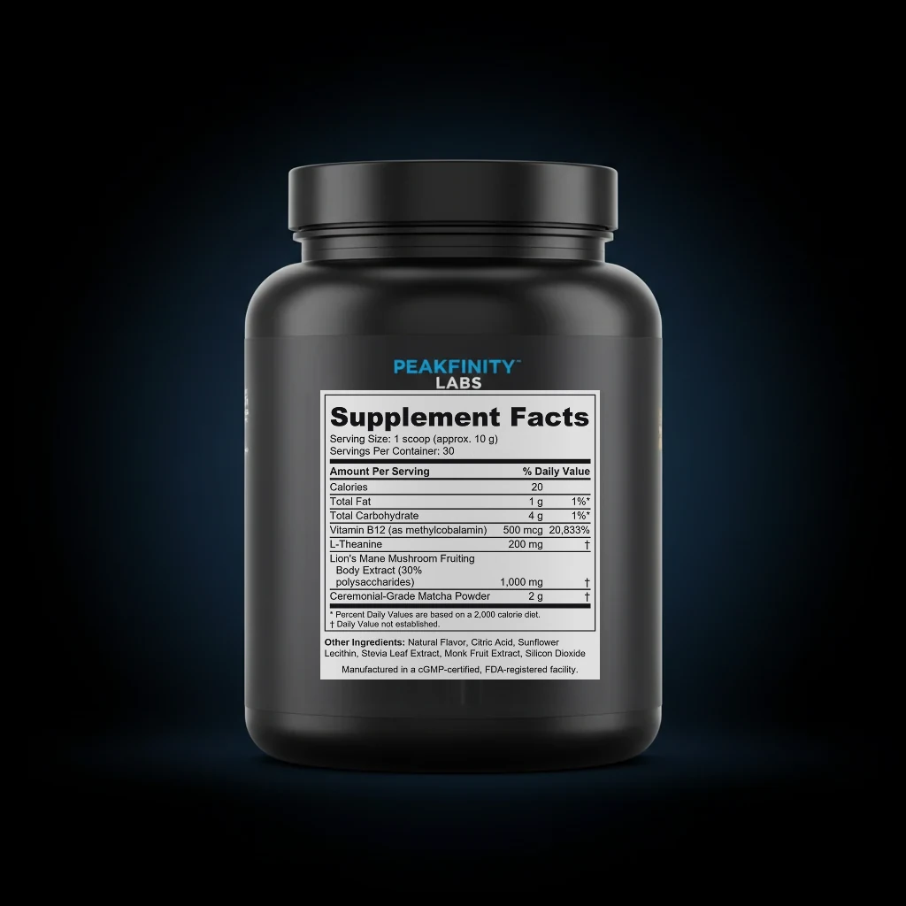 Matcha Focus Latte Powder with L-Theanine & Lion's Mane back label and ingredient panel