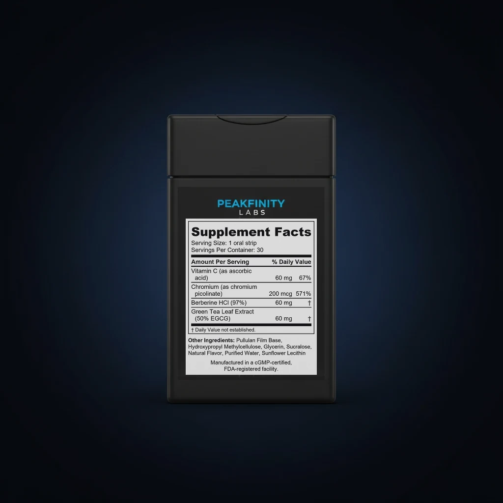 Melt-in-Mouth GLP-1 Support Strips with Berberine back label and ingredient panel