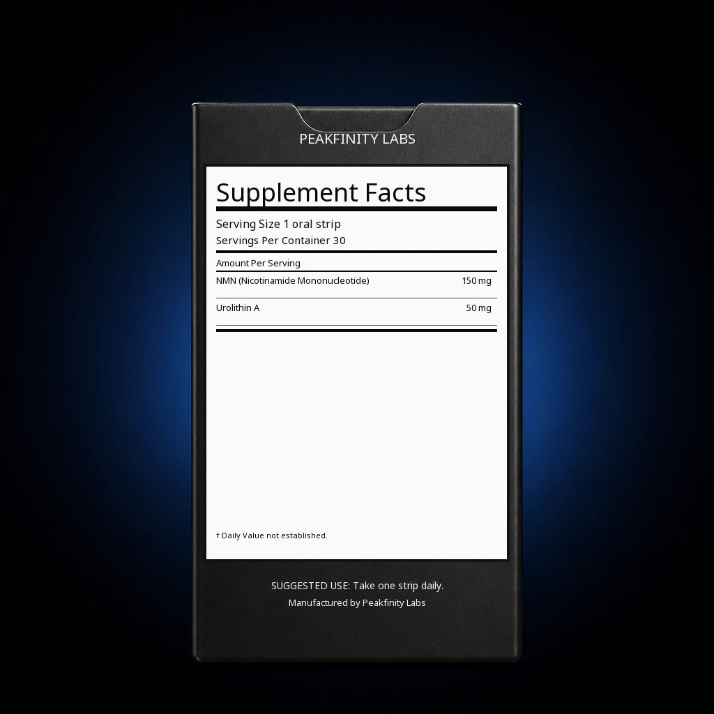 Melt-in-Mouth Longevity Strips with NMN & Urolithin A — back label / ingredients panel