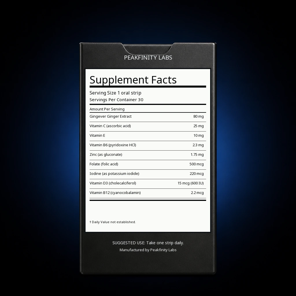Melt-in-Mouth Nausea Relief Strips with Ginger — back label / ingredients panel
