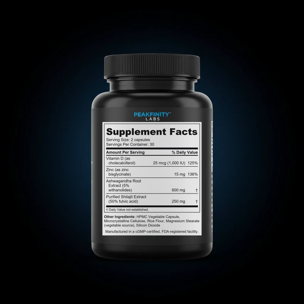 Men's Ashwagandha & Shilajit Strength Capsules back label and ingredient panel