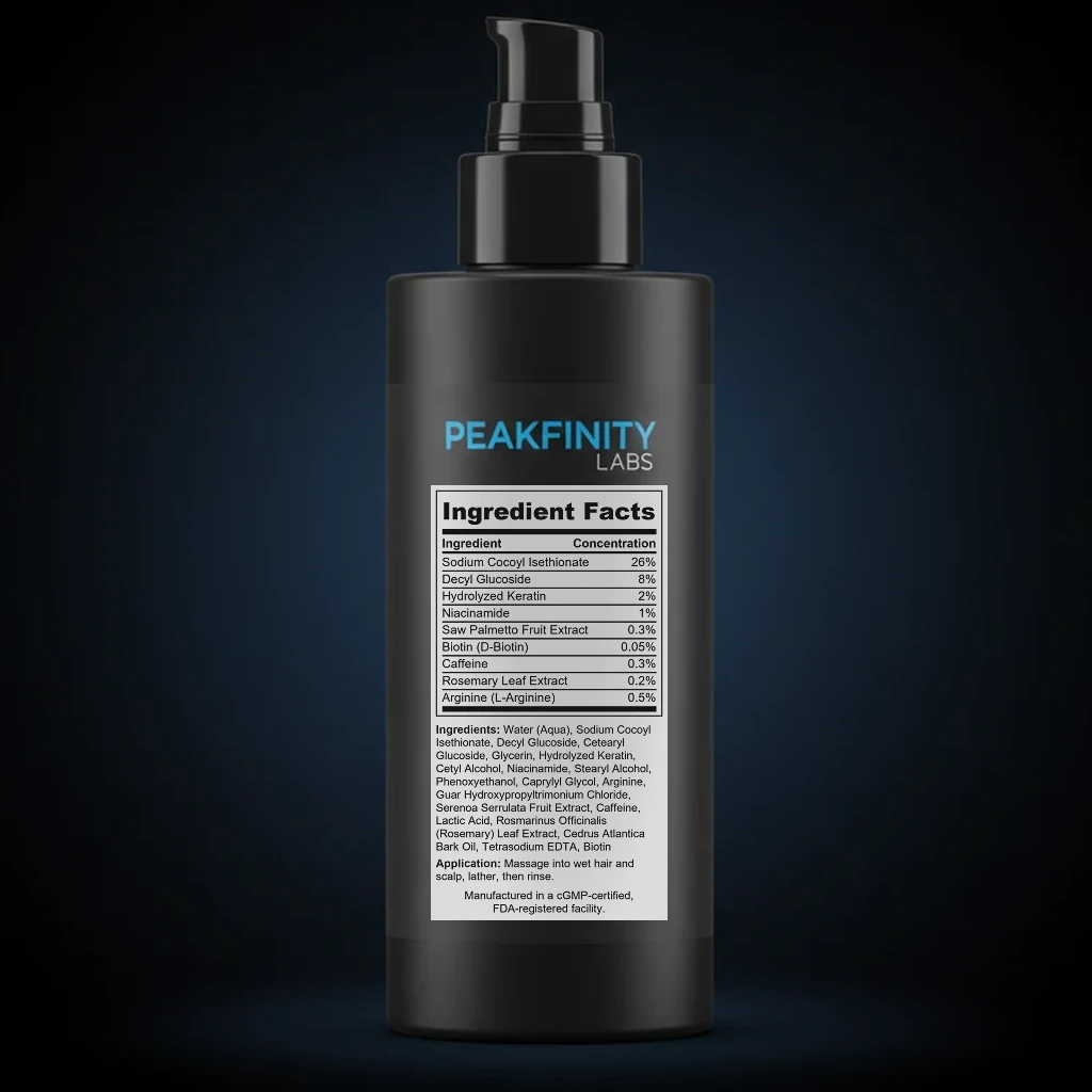 Men's Thickening Shampoo with Saw Palmetto back label and ingredient panel