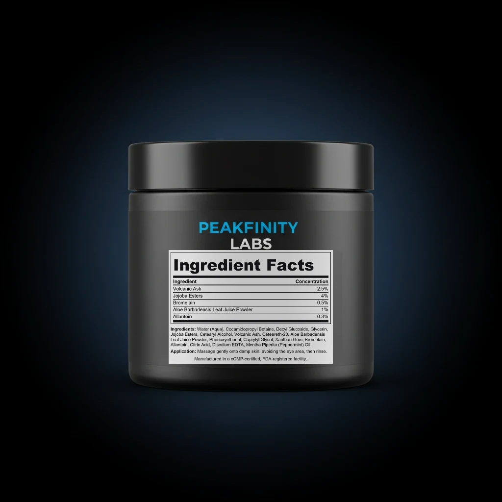 Men's Exfoliating Face Scrub with Volcanic Ash back label and ingredient panel