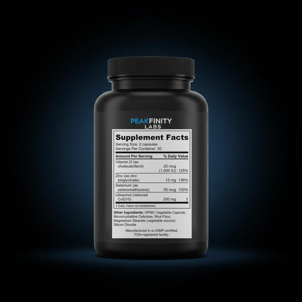 Men's Fertility Support Capsules with CoQ10, Zinc & Selenium back label and ingredient panel
