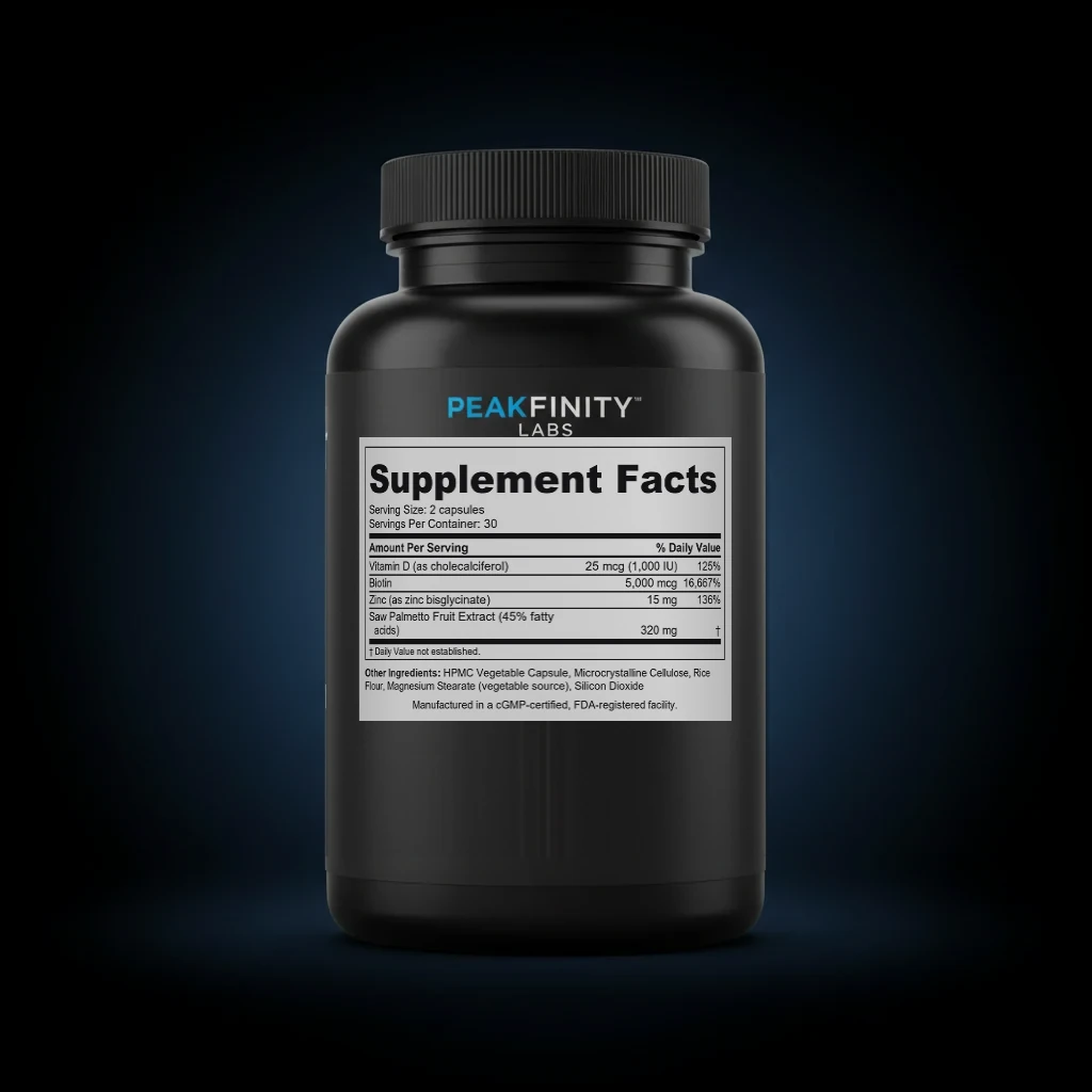 Men's Hair Growth & DHT Blocker Capsules with Saw Palmetto & Biotin back label and ingredient panel