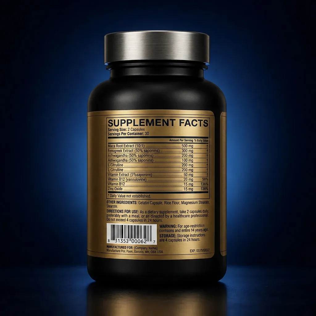 Men's Vitality and Blood Flow Support Tablets with L-Arginine — representative back label artwork (Supplement Facts panel)