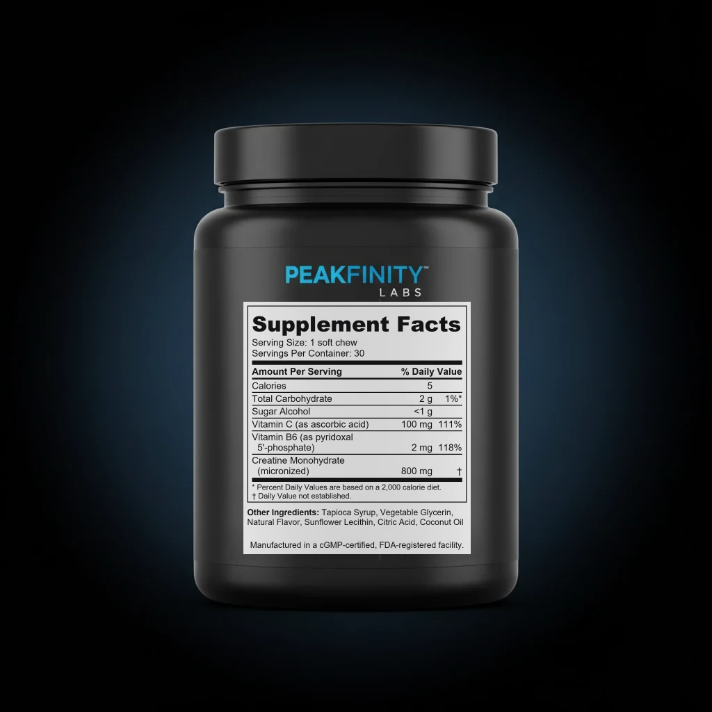 Micronized Creatine Monohydrate Soft Chews back label and ingredient panel