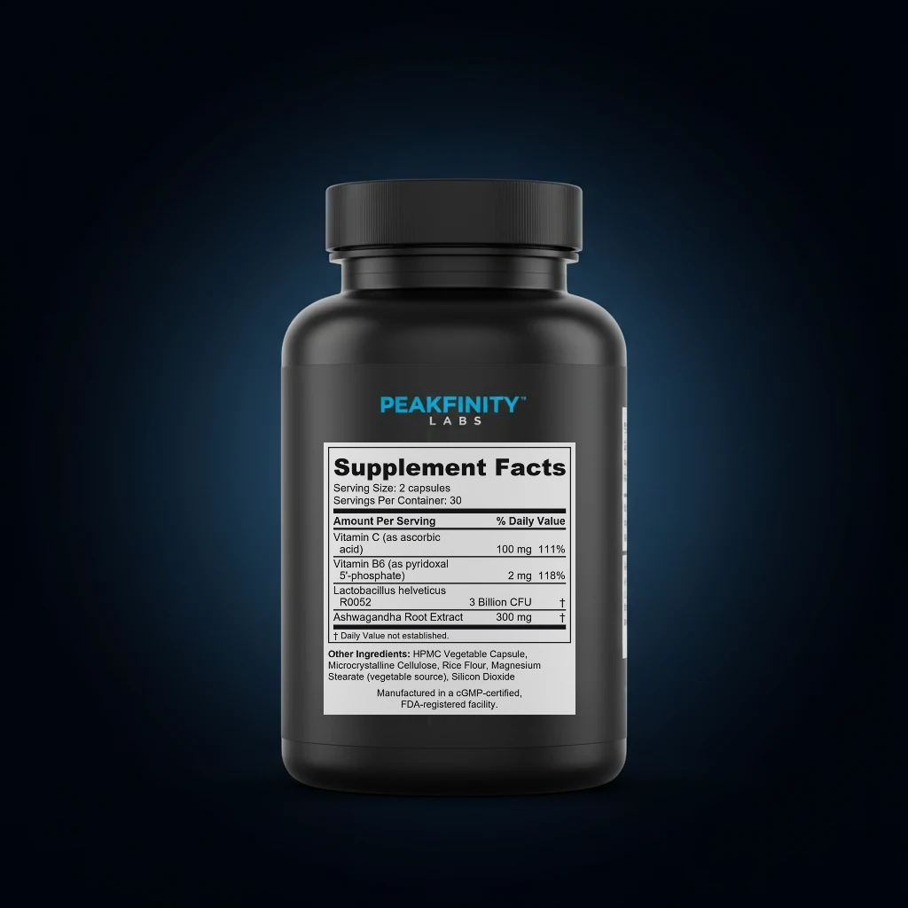 Mood Probiotic Capsules with L. helveticus & B. longum back label and ingredient panel